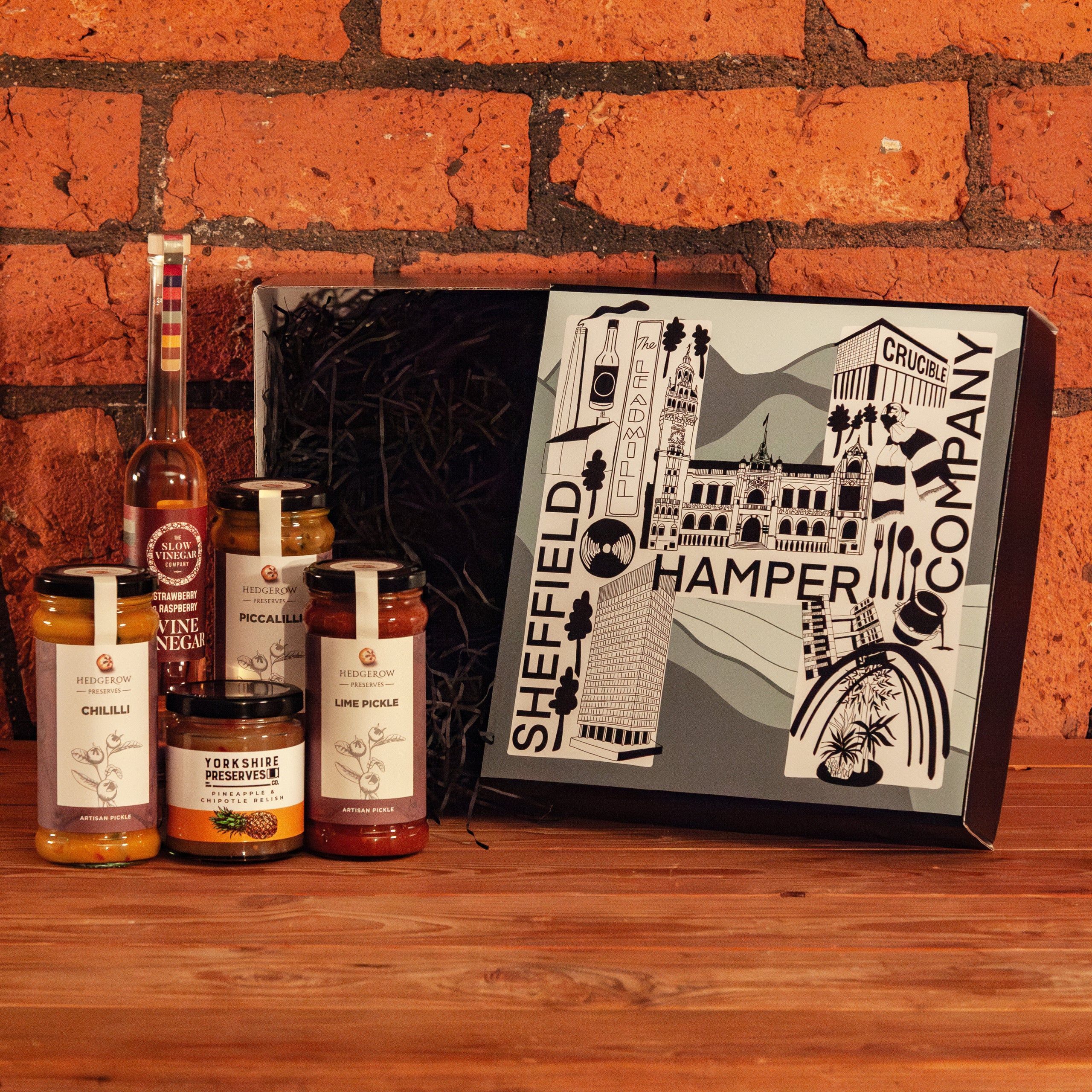 Hand made in Sheffield food hampers In a Reyt Pickle gift box